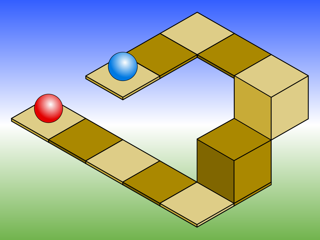 Изометрический рисунок с голубым шаром на два уровня выше красного.